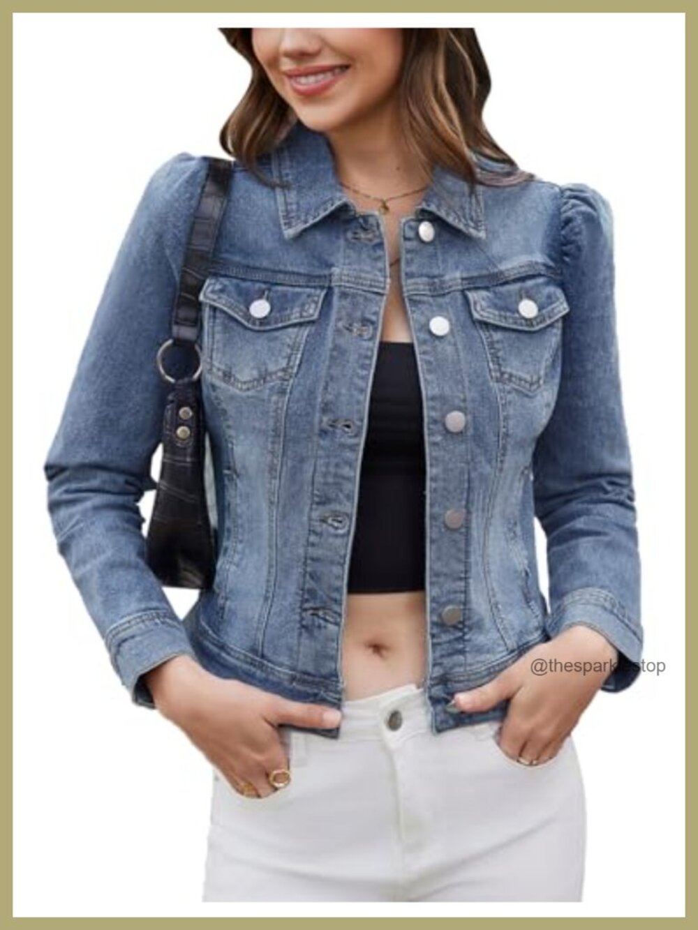 Cropped Denim Jacket Stretch Puff Sleeve Ripped Women's Jean Jacket with Pockets